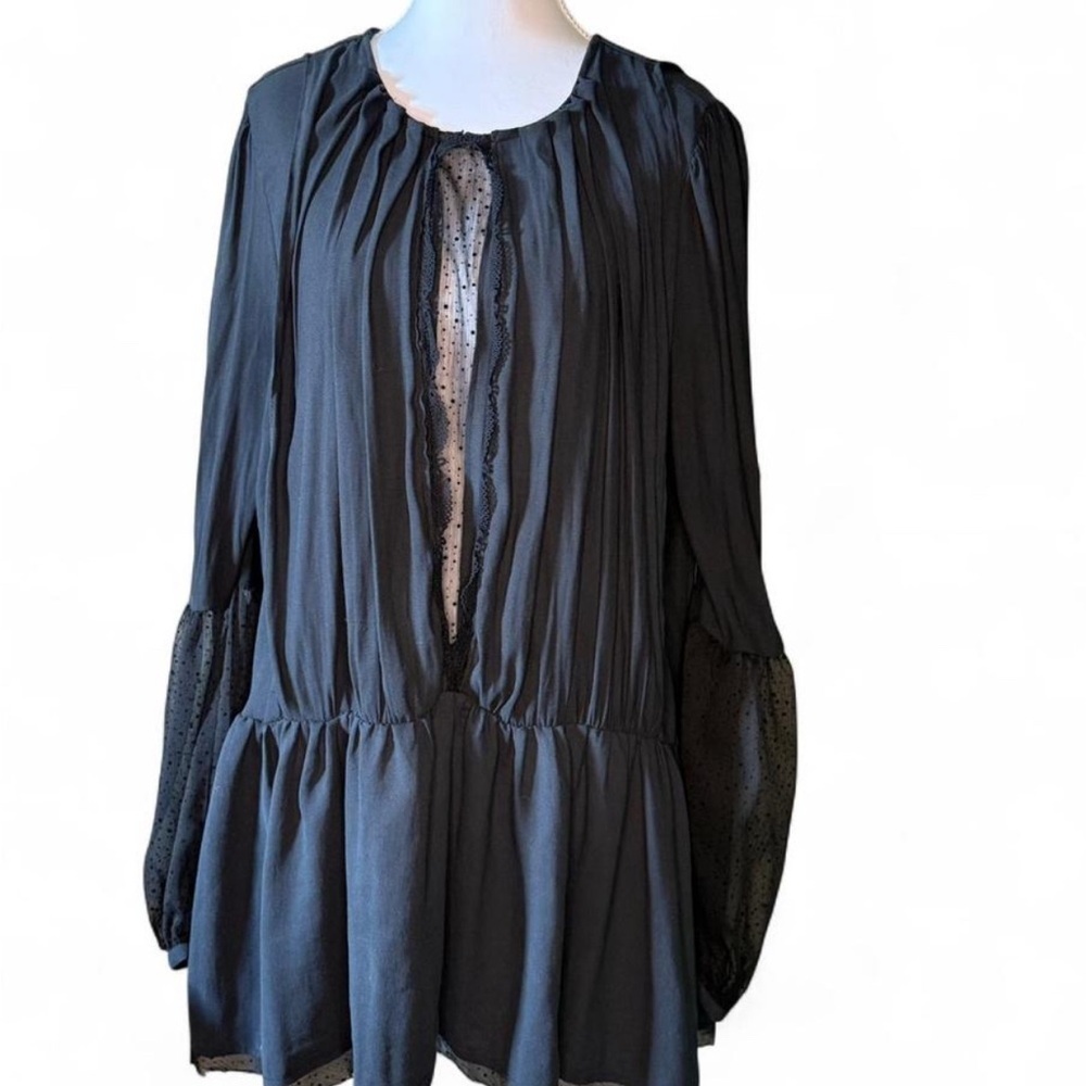Free People Navy Peasant Blouse M • Sheer Dot Sleeves Boho Top